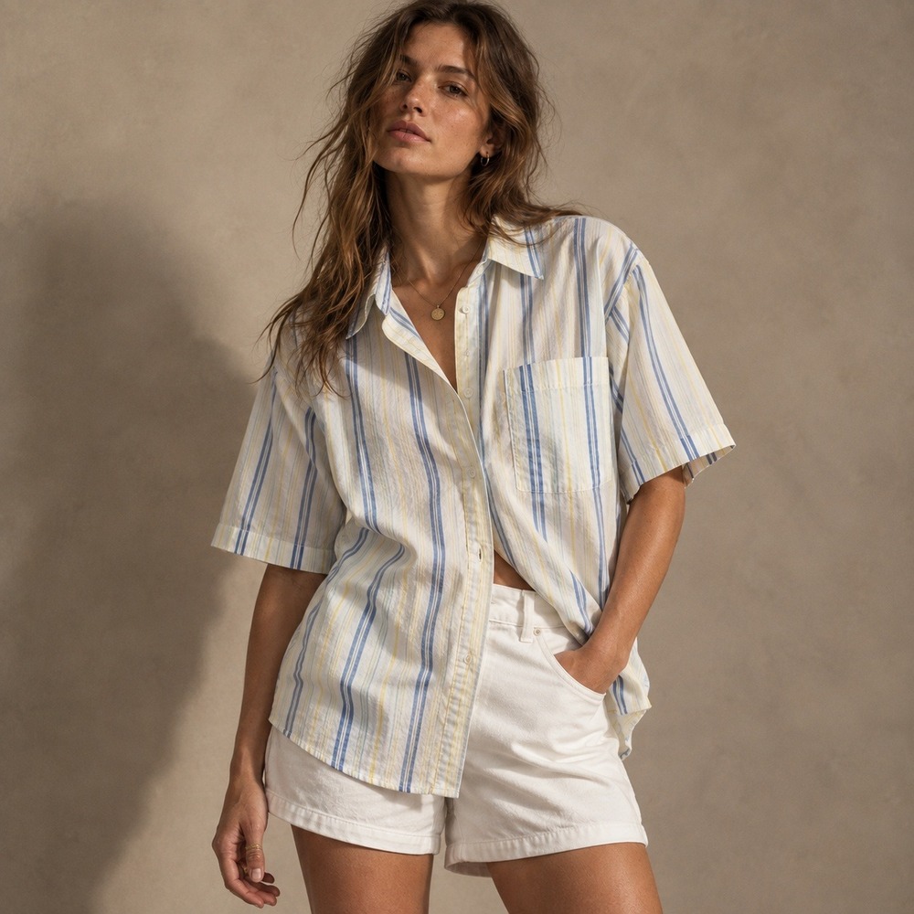 Wilfred Free Aritzia Relaxed Short Sleeve Button Up Striped Shirt Yellow Blue XS